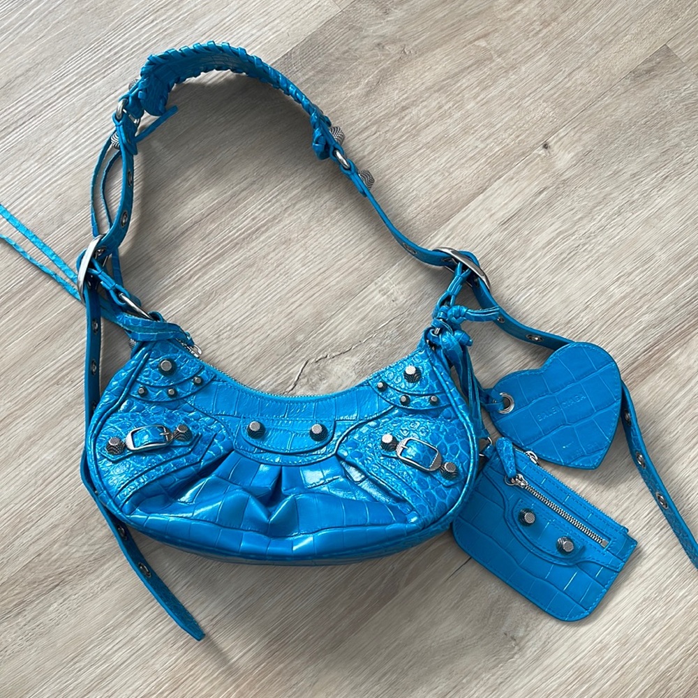Balenciaga XS Le Cagole Shoulder Bag in Turquoise Embossed Croc